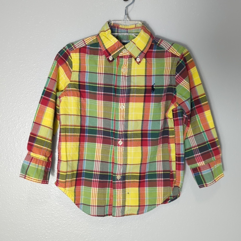 Ralph Lauren Toddler Boys Size 2/2T Long Sleeve Button Up Yellow Plaid Shirt 68